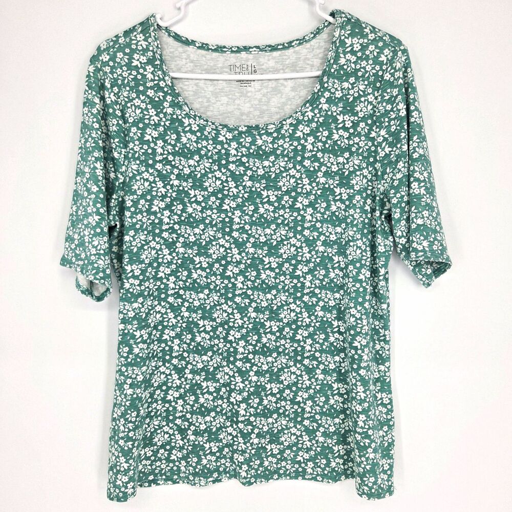 Time and Tru Womens Large Green White Ditsy Floral Scoop Neck Tee Cotton Stretch
